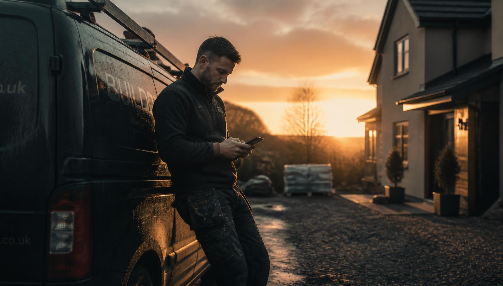 A tradesman checking his phone beside his van at sunrise