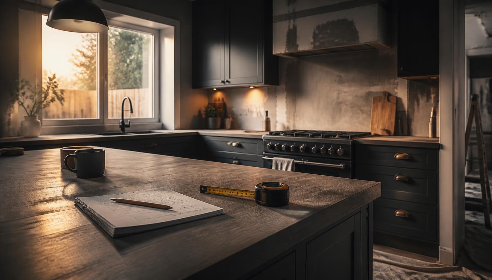 A kitchen mid-renovation with a notepad and tape measure on the worktop