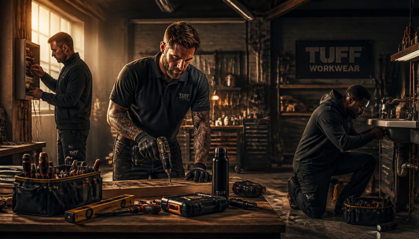 Builders, an electrician and a plumber at work in a warmly lit workshop