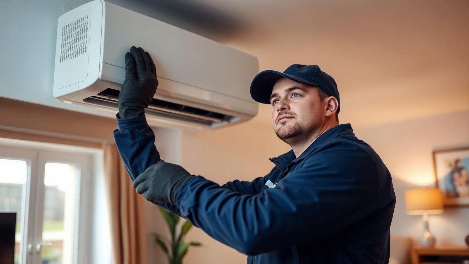 An air conditioning engineer servicing a wall-mounted split unit in a living room