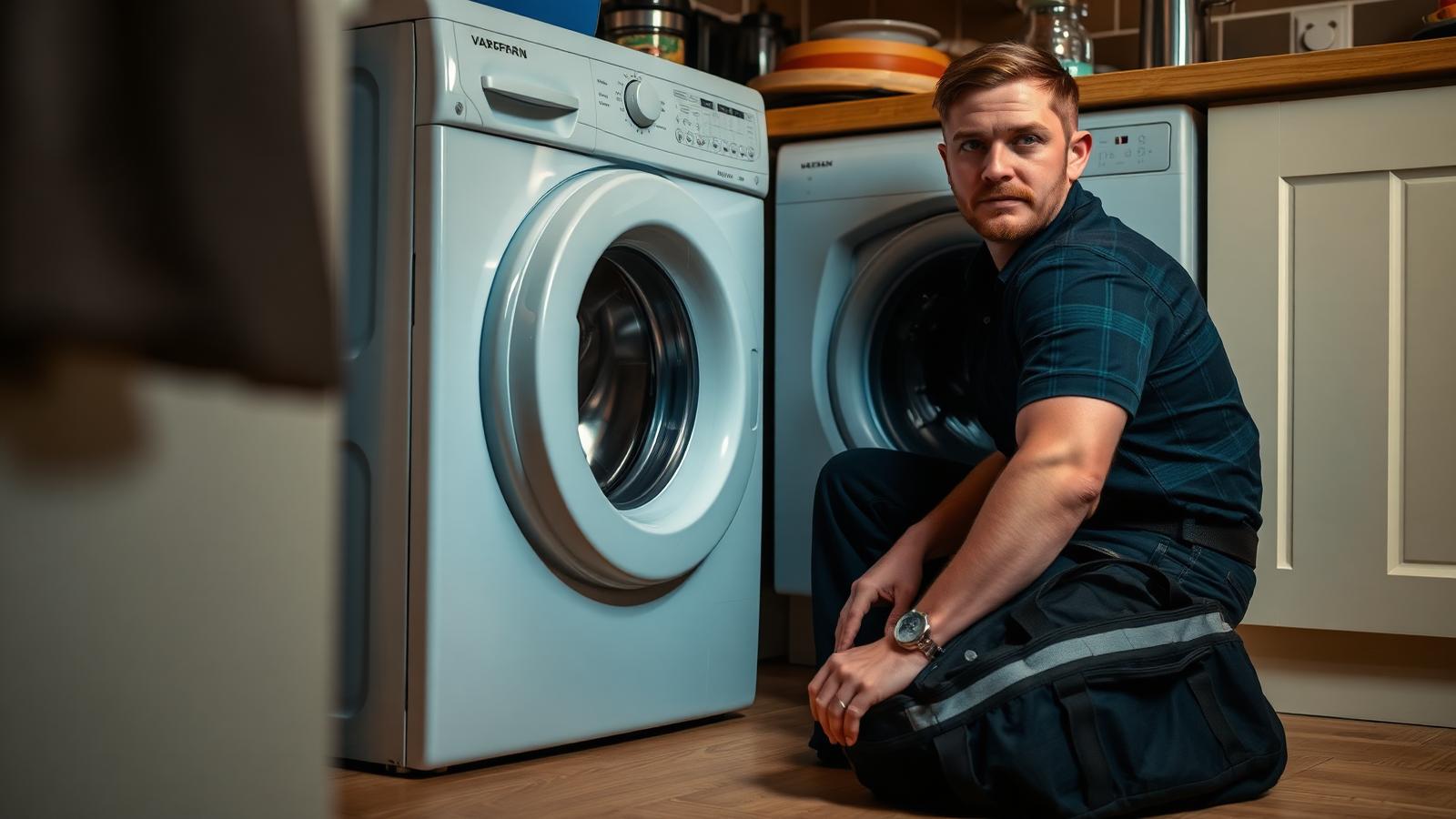 An appliance engineer repairing a washing machine in a domestic kitchen