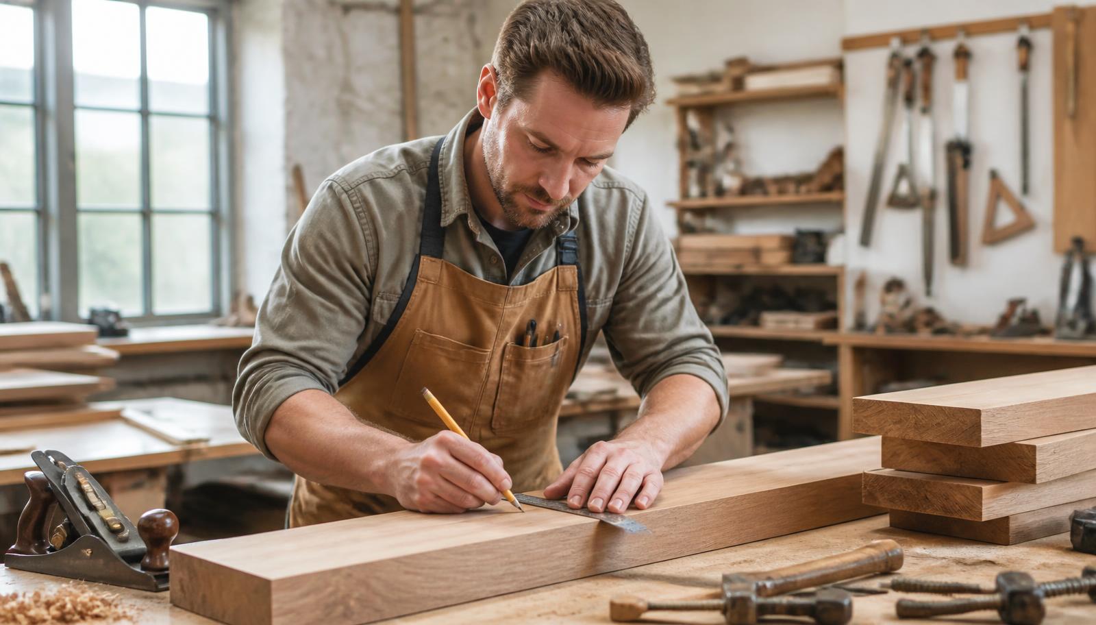 A carpenter marking a length of timber at a workshop bench
