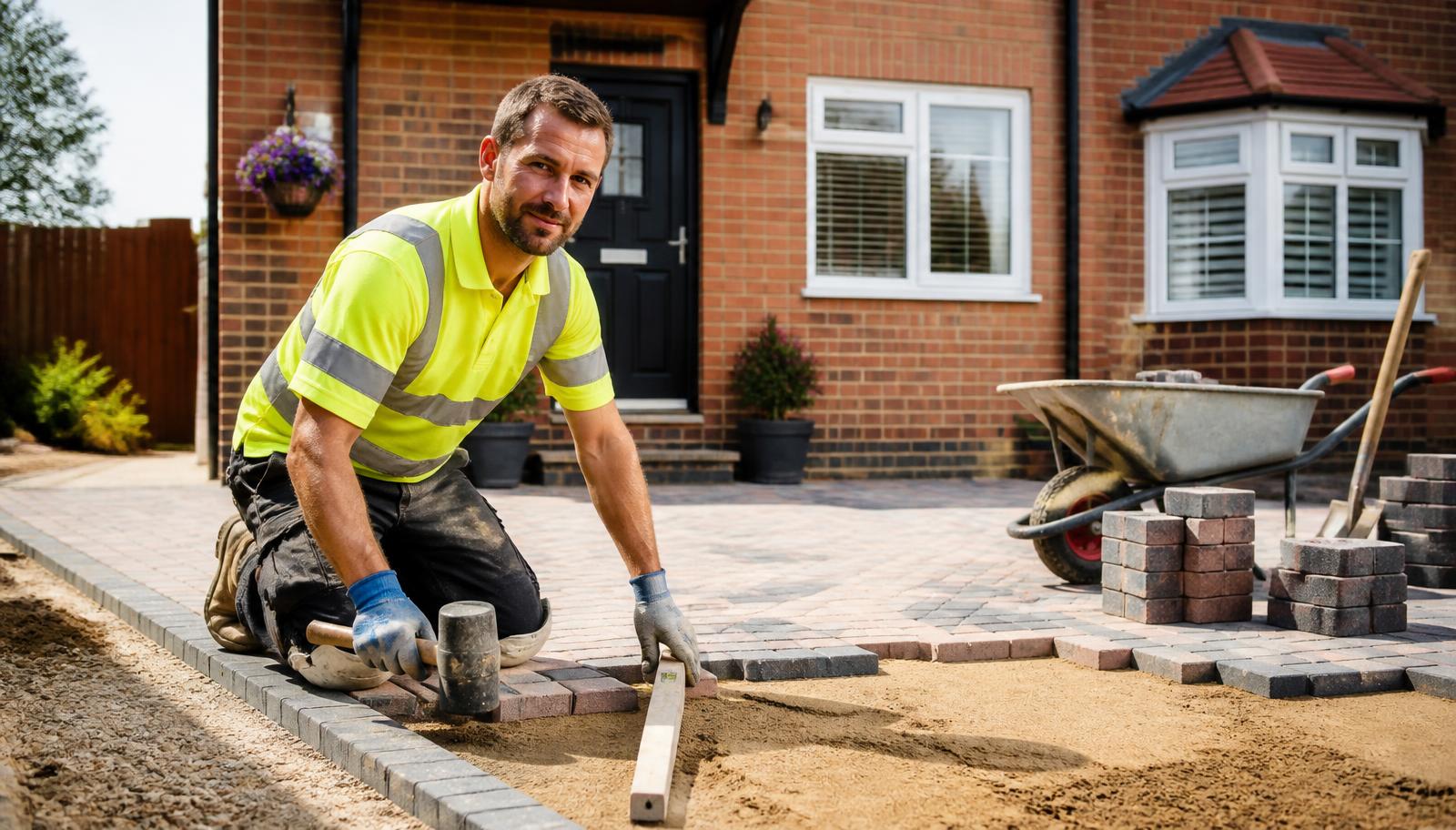 A driveway specialist in hi-vis laying block paving outside a brick house