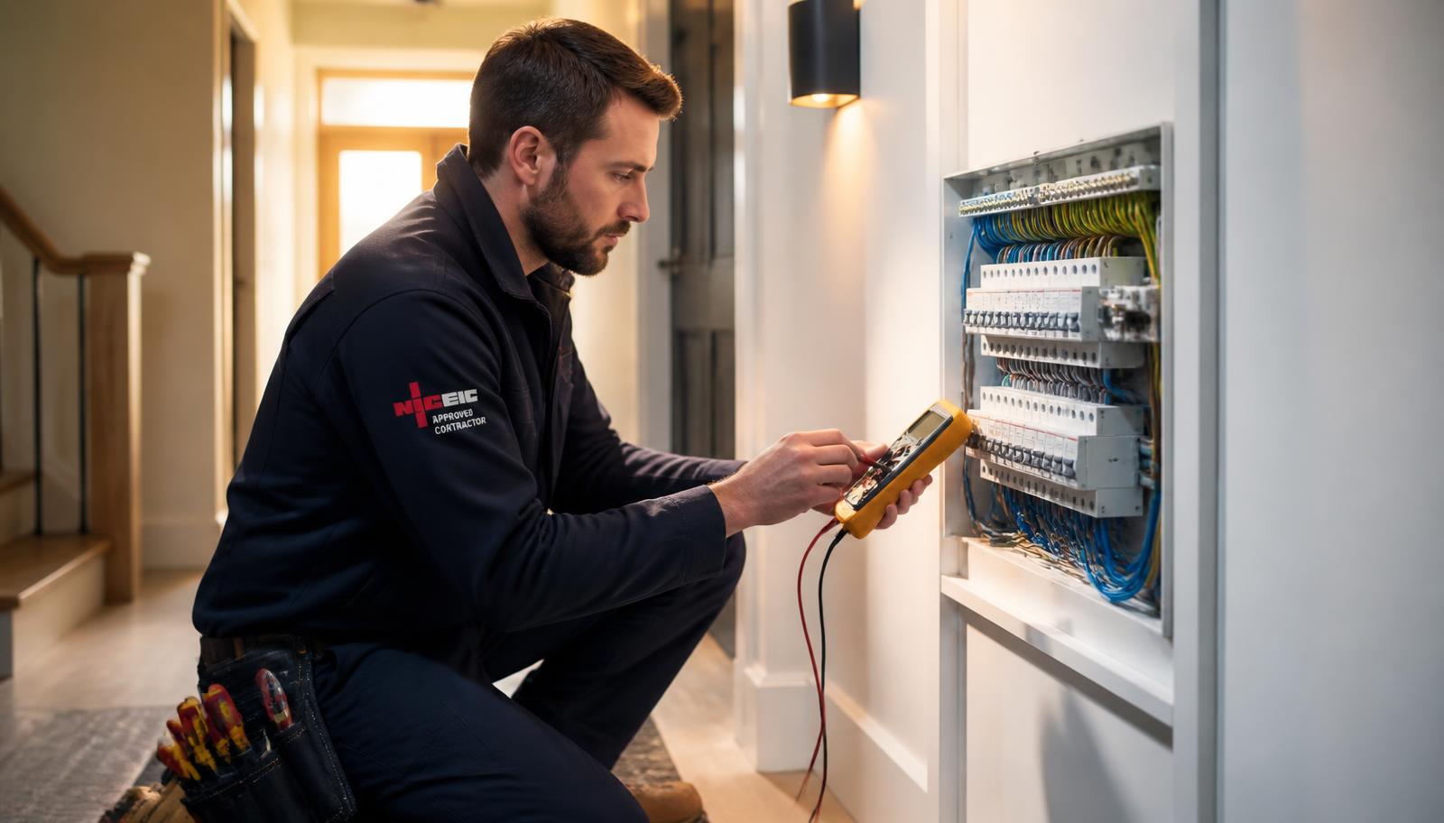 A electrician at work on a UK job