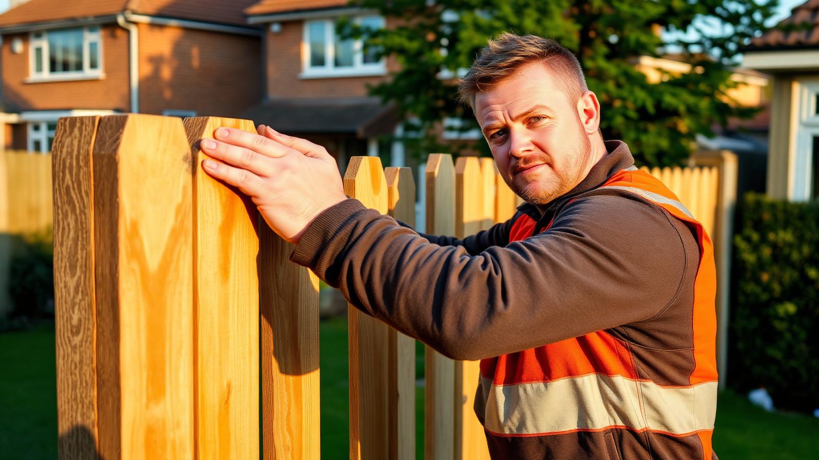A fencing contractor fitting a timber fence panel in a suburban back garden