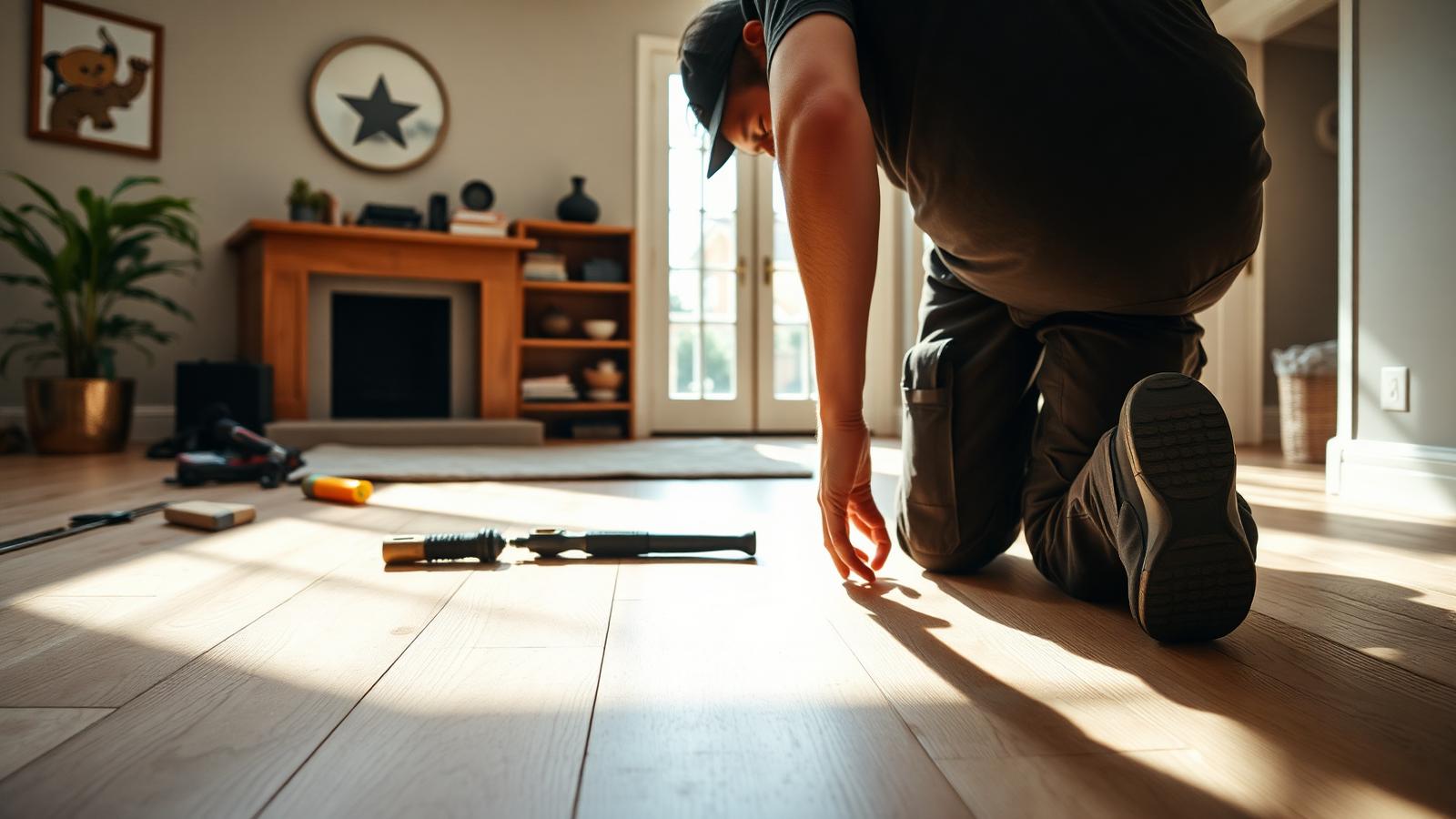 A floor fitter at work on a UK job