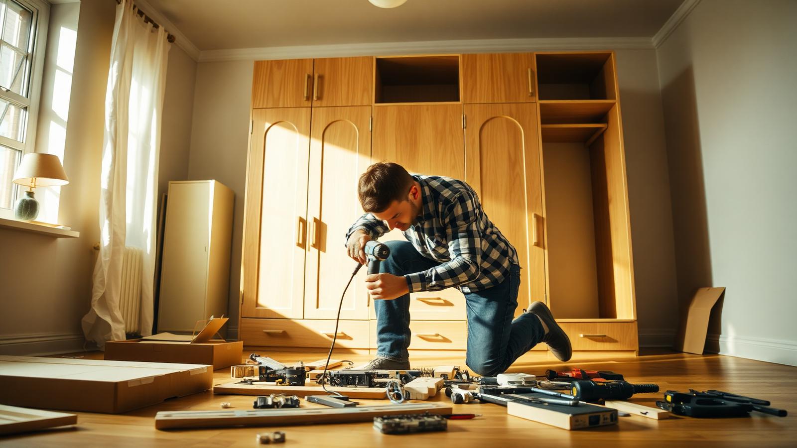A fitter assembling a flat-pack wardrobe with a cordless drill in a bedroom