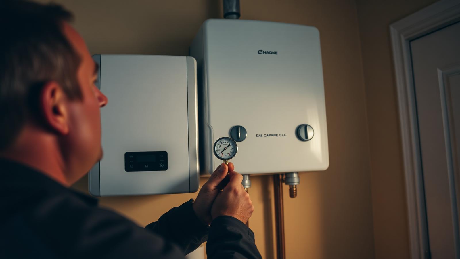A gas / heating engineer at work on a UK job