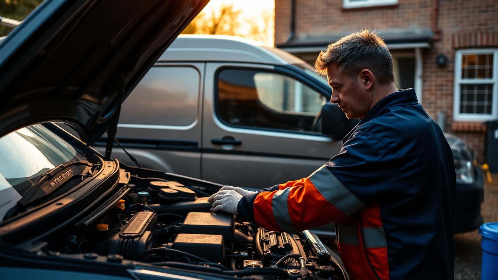 A mobile mechanic working under the bonnet of a car on a residential driveway