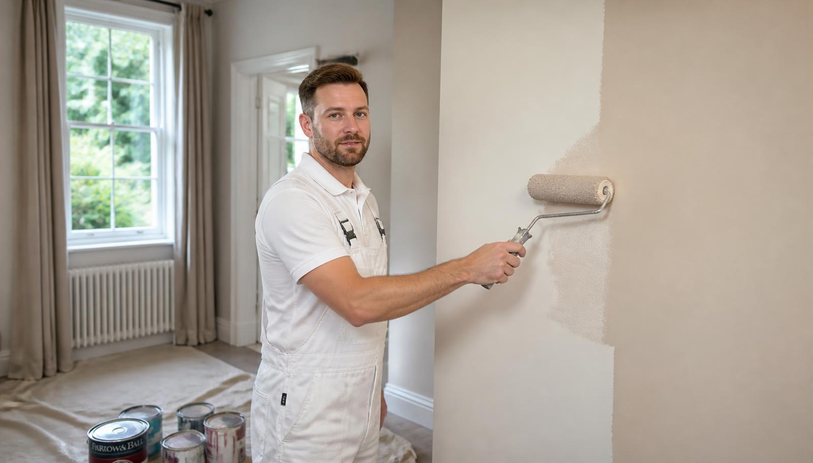 A painter and decorator in white overalls rolling fresh paint onto a wall