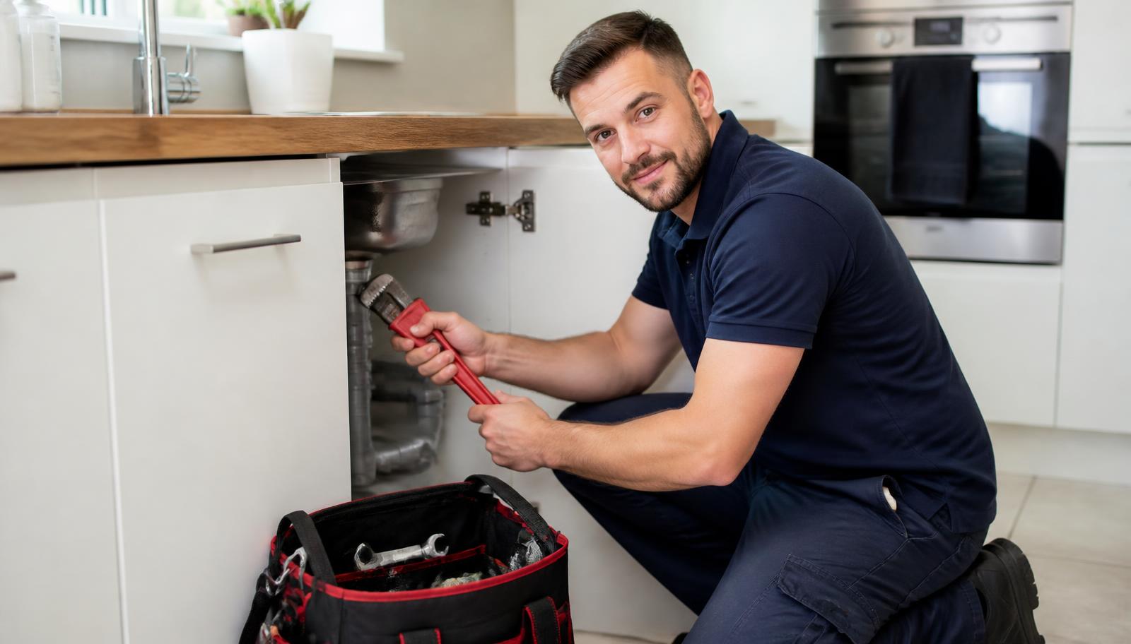 A plumber tightening pipework under a kitchen sink with a wrench