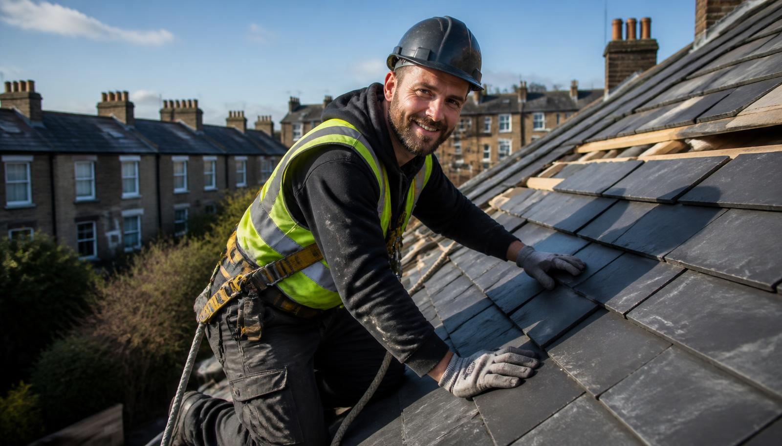 A roofer in a helmet and harness fitting slate tiles to a pitched roof