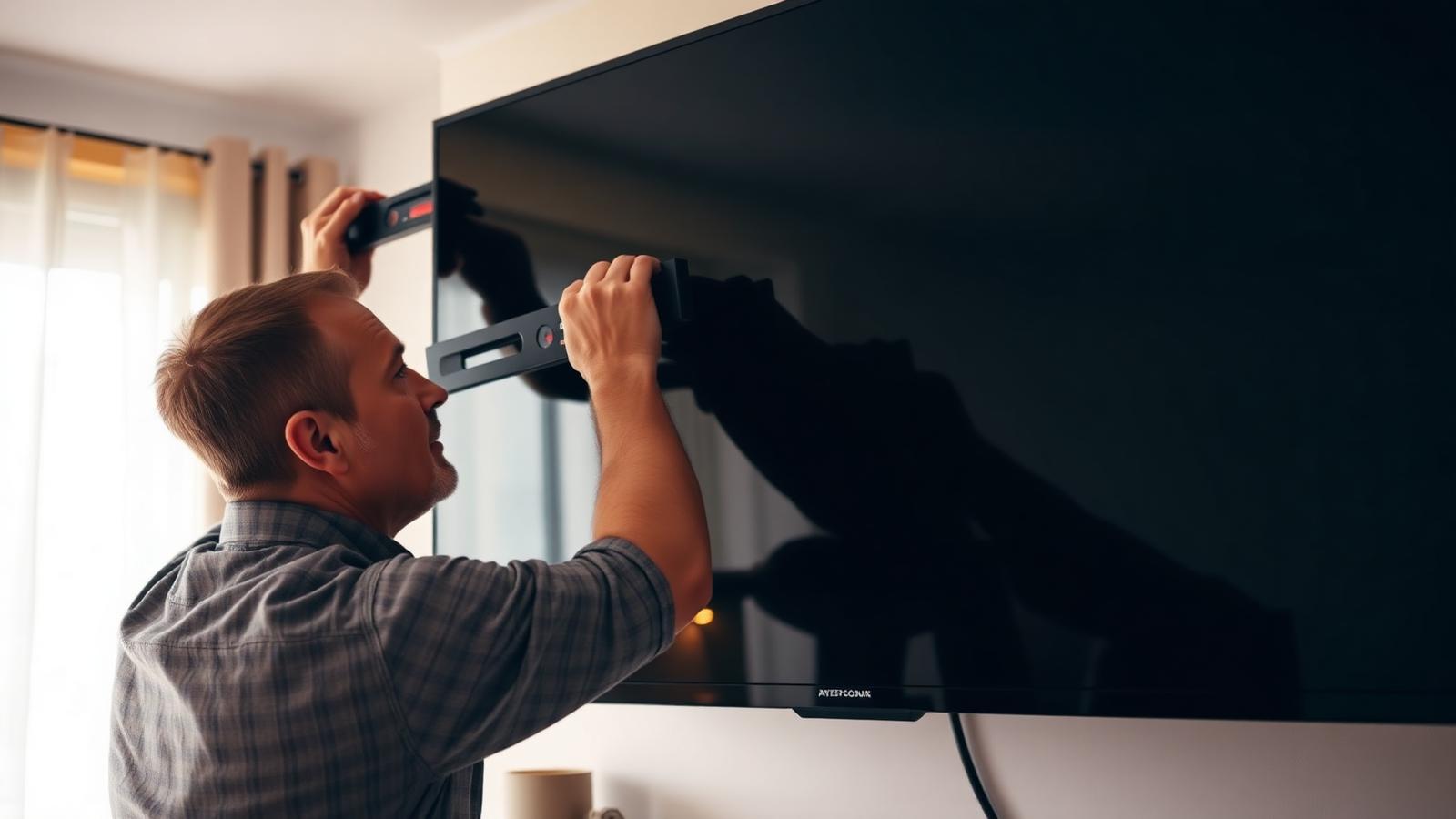An installer levelling a large flat-screen TV on a living room wall mount