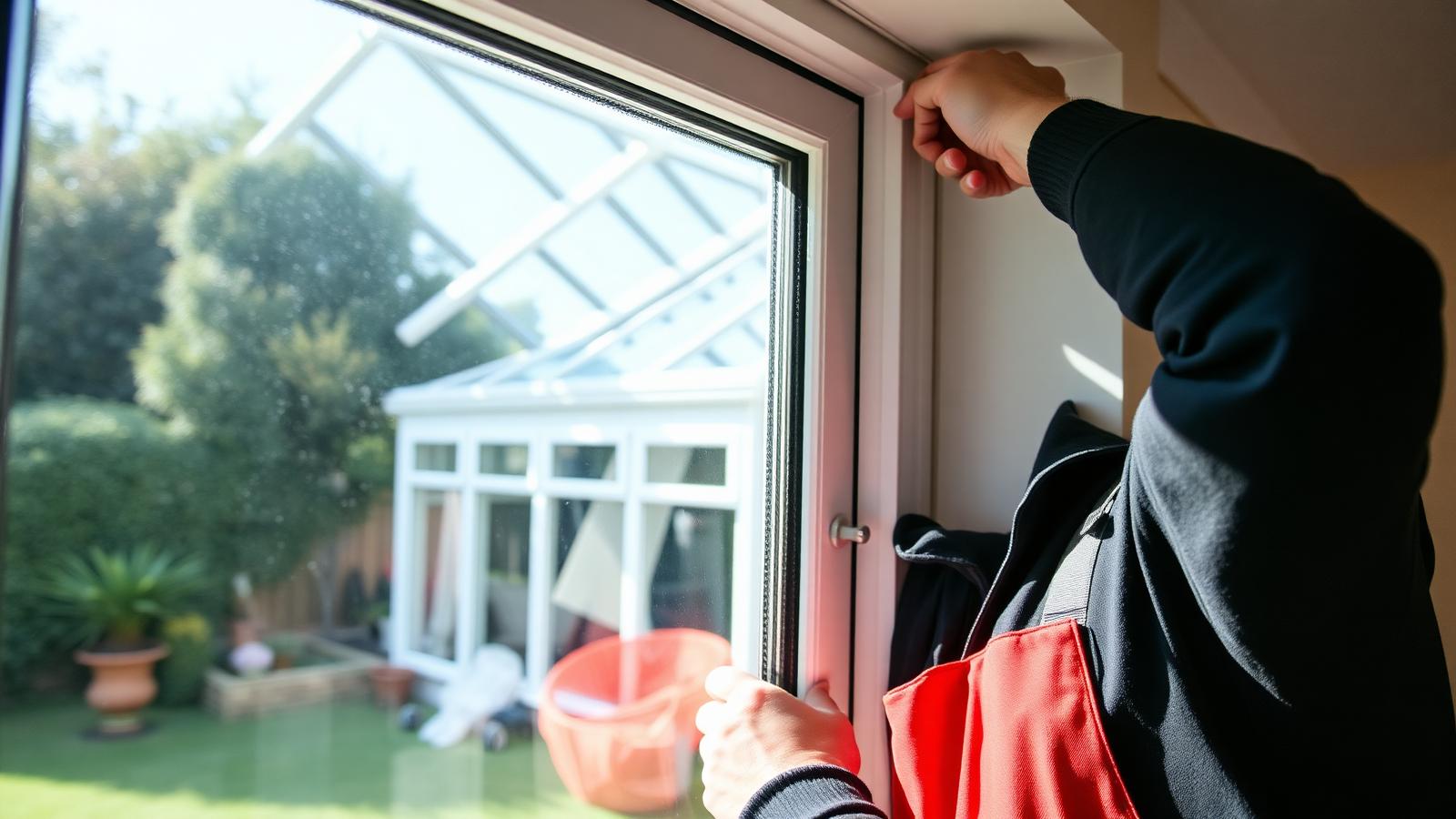 A window fitter / conservatory installer at work on a UK job
