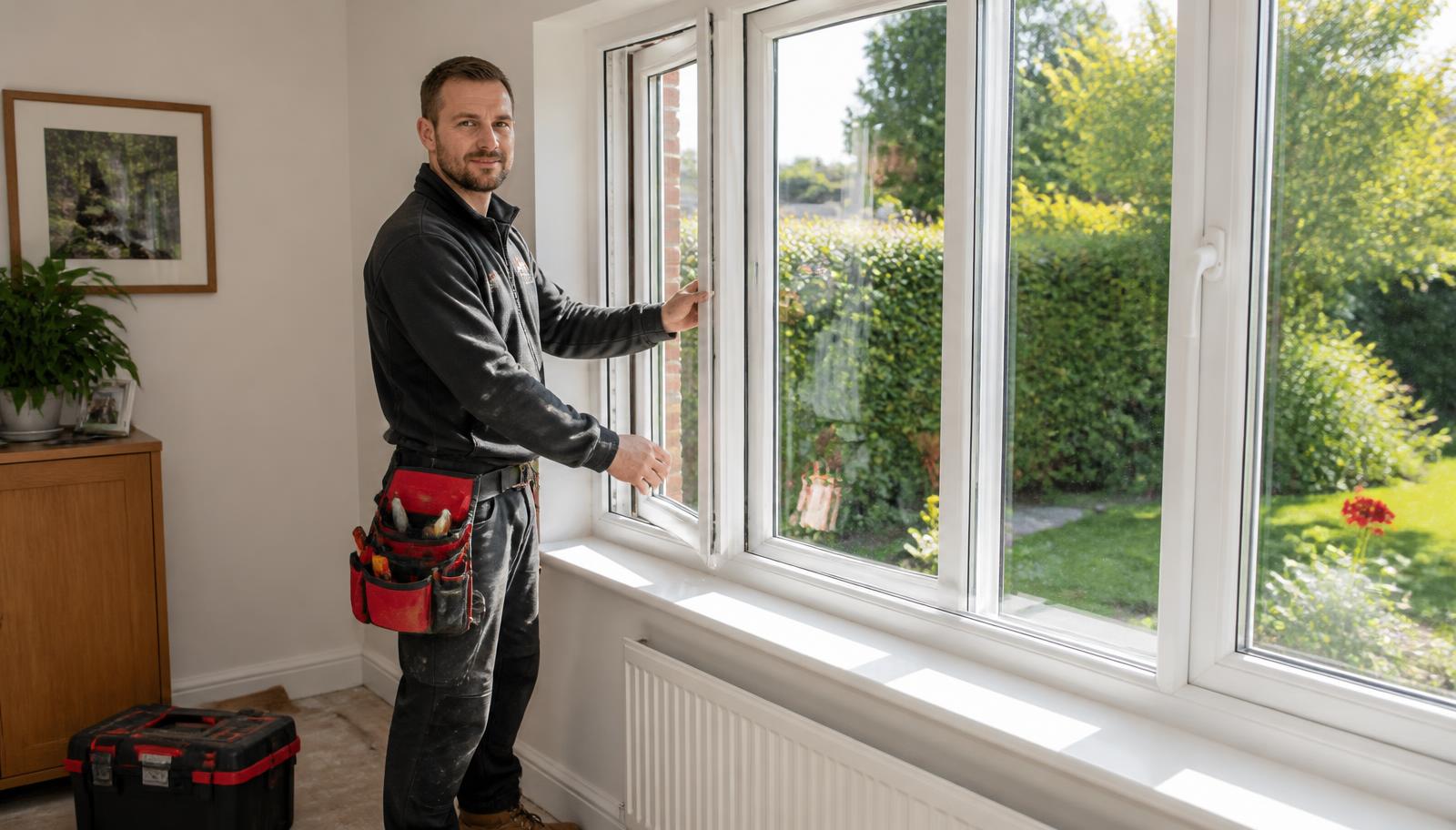 A window fitter adjusting a newly installed uPVC window